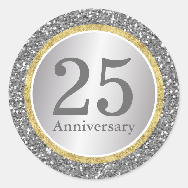 25th Wedding Anniversary Modern Silver & Gold Classic Round Sticker (Front)