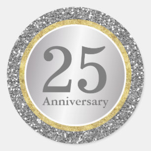 25th Wedding Anniversary Modern Silver & Gold Classic Round Sticker