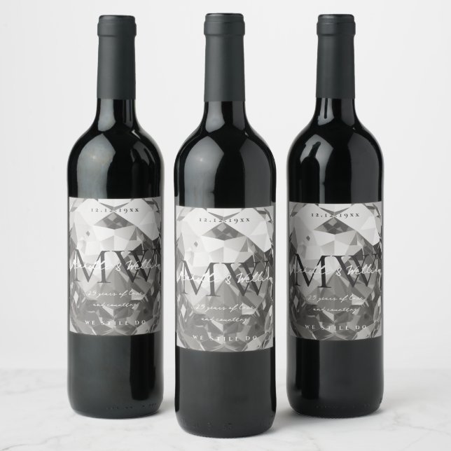 25th Wedding Anniversary Monogram Modern Silver Wine Label (Bottles)