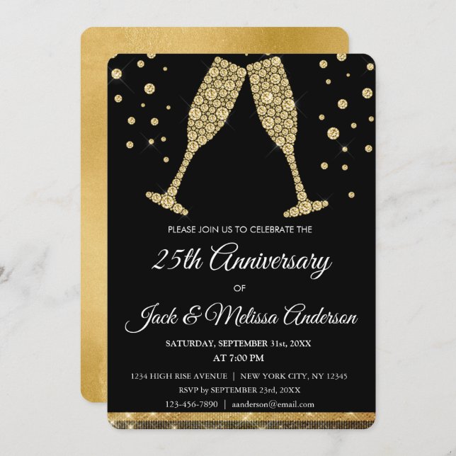 25th Wedding Anniversary Party Champagne Glasses Invitation (Front/Back)