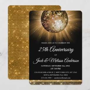 25th Wedding Anniversary Party Gold Disco Ball Invitation