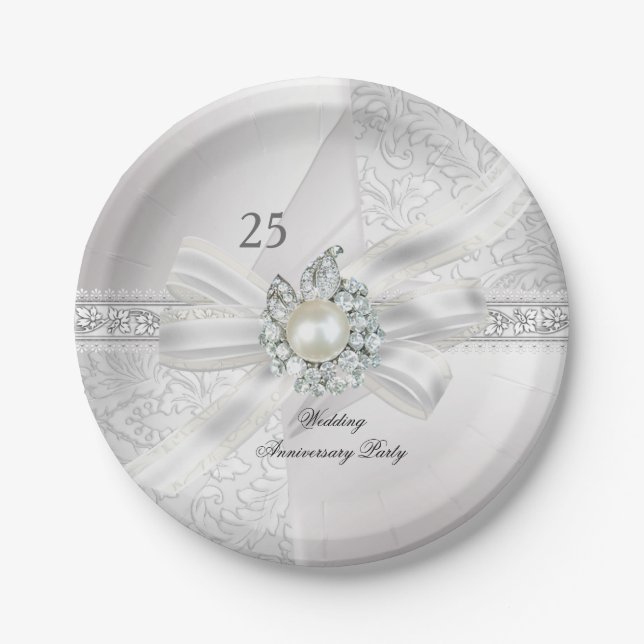 25th Wedding Anniversary Party Pearl White Silver Paper Plate (Front)