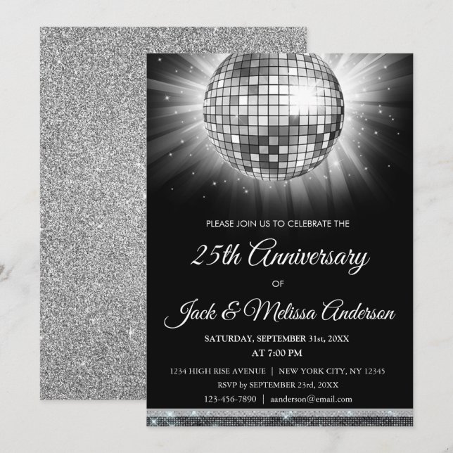 25th Wedding Anniversary Party Silver Disco Ball Invitation (Front/Back)