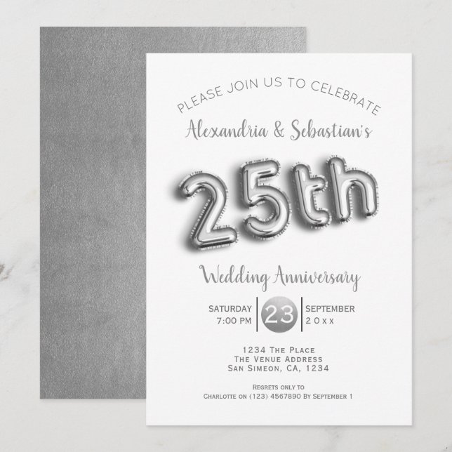 25th Wedding Anniversary Personalized Faux Silver Invitation (Front/Back)