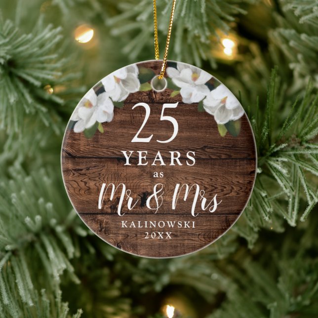 25th Wedding Anniversary Personalized Woodgrain Ceramic Ornament (Tree)
