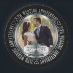25th Wedding Anniversary Photo Black SIlver Tone Paper Plate<br><div class="desc">The Twenty-Fifth Wedding Anniversary is a milestone in any relationship that deserves to be celebrated in style, and you can do that with this black and silver tone photo design featuring the words "25th Wedding Anniversary" in the round and space in centre for you to personalize with your photo, names...</div>