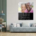 25th wedding anniversary photo modern elegant tapestry<br><div class="desc">A tapestry celebrating a 25th wedding anniversary. An elegant modern black background. Personalize and add your own high quality photo of the happy couple. The text: The names is written with a white modern hand lettered style script. Tempates for names and a date. Can be used as wall decor for...</div>