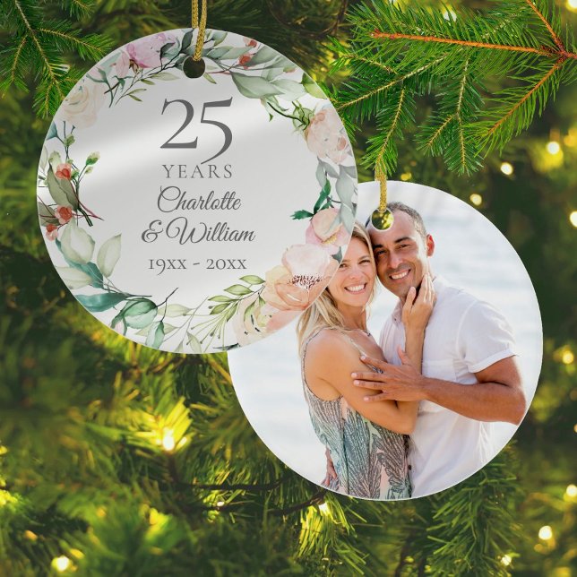 25th Wedding Anniversary Photo Roses Garland Ceramic Ornament (25th Wedding Anniversary Photo Roses Garland Ceramic Ornament)