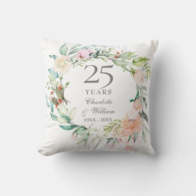 25th Wedding Anniversary Photo Roses Garland Throw Pillow (Front)