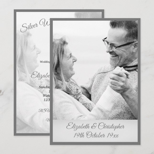 25th Wedding Anniversary Photo Silver Black White Invitation (Front/Back)
