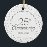 25th Wedding Anniversary Photo Silver Hearts Ceramic Ornament<br><div class="desc">Featuring delicate silver hearts. Personalise with your special twenty-five years silver anniversary information in chic silver lettering and your photo on the reverse. Designed by Thisisnotme©</div>