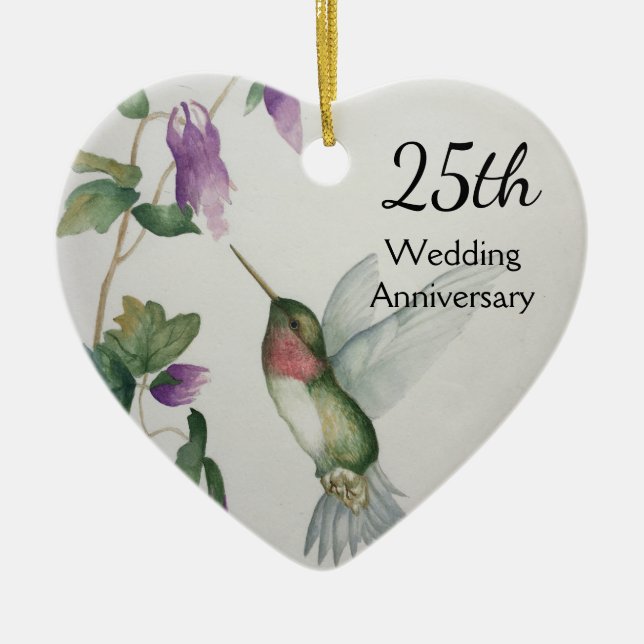 25th Wedding Anniversary Pretty Bird Flower Heart Ceramic Ornament (Front)