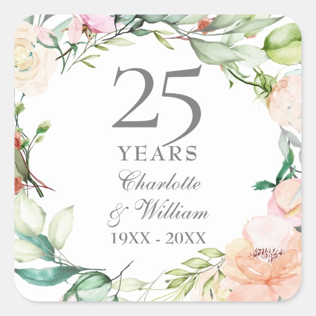 25th Wedding Anniversary Roses Floral Garland  Square Sticker (Front)