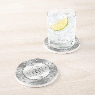 25th Wedding Anniversary Shiny Floral Silver Frame Coaster