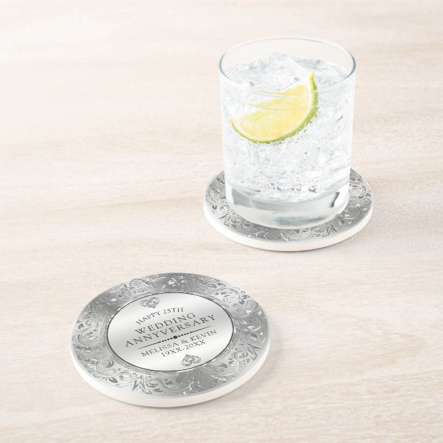 25th Wedding Anniversary Shiny Floral Silver Frame Coaster (Side)