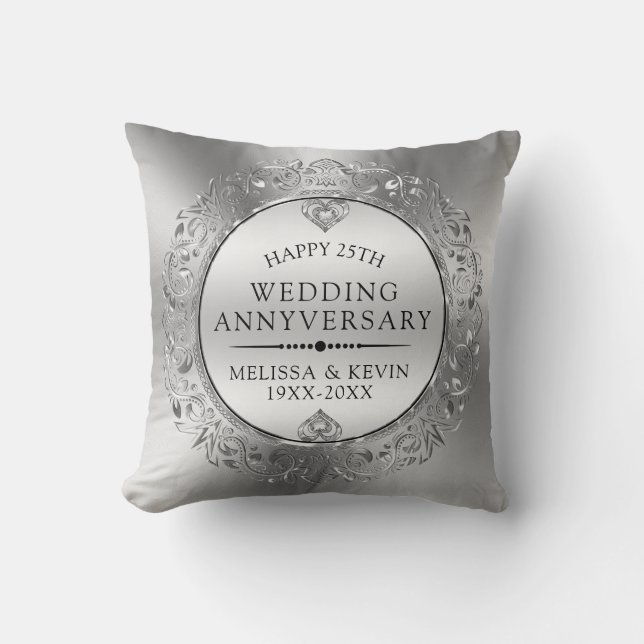 25th Wedding Anniversary Shiny Floral Silver Frame Throw Pillow (Front)