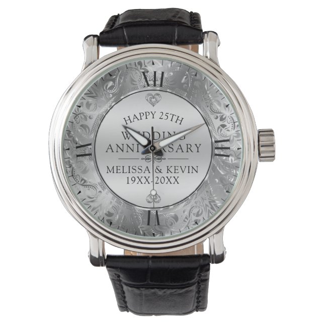 25th Wedding Anniversary Shiny Floral Silver Frame Watch (Front)