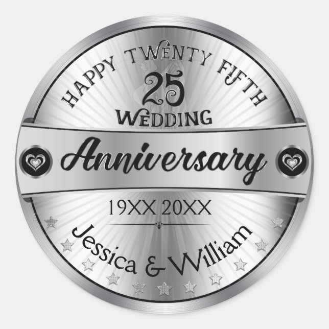 25th Wedding Anniversary Shiny Silver Text Design Classic Round Sticker (Front)