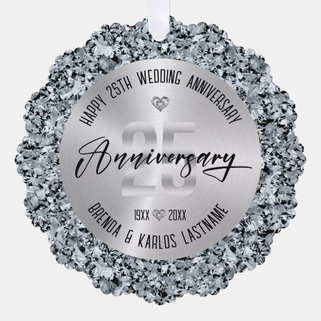 25th Wedding Anniversary Silver and Diamonds Ornament Card (Front)