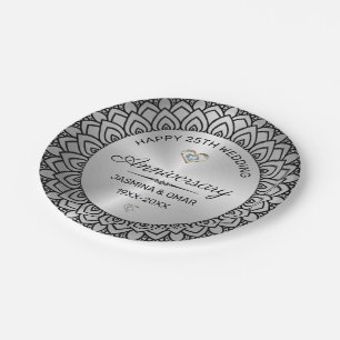 25th wedding anniversary Silver & black mandala Paper Plate