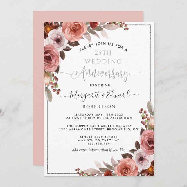 25th Wedding Anniversary, Silver Blush Floral Invitation (Front/Back)