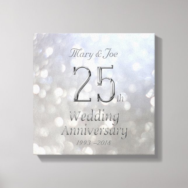 25th Wedding Anniversary Silver Bokeh Typography Canvas Print (Front)