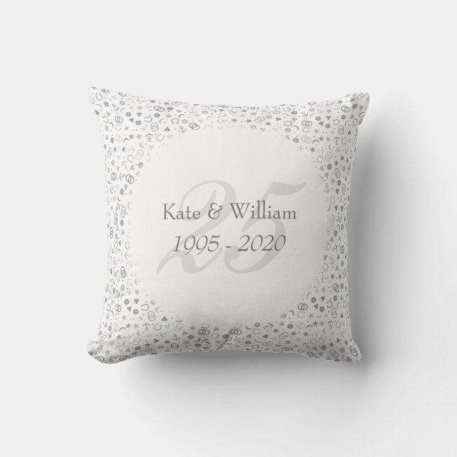 25th Wedding Anniversary Silver Confetti Throw Pillow (Front)