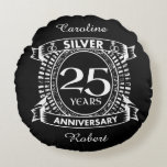 25th wedding anniversary silver crest round pillow<br><div class="desc">A romantic design to celebrate your 25th year of marriage. If you would like any help customizing this design please contact me, their is an ask this designer button, just below this text. This twenty fifth, 25 years wedding anniversary crest has the text silver as that is the traditional gift...</div>