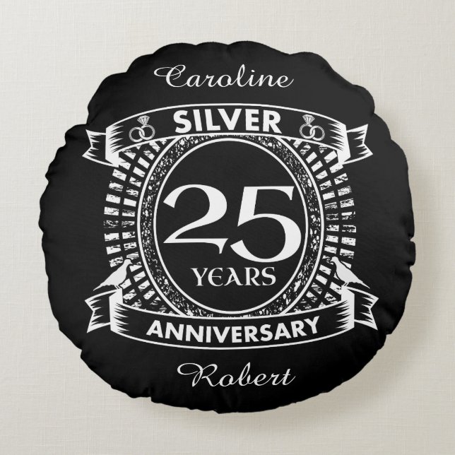 25th wedding anniversary silver crest round pillow (Front)