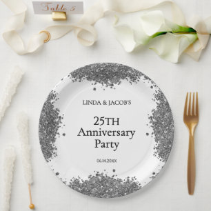 25th Wedding Anniversary Silver Faux Glitter  Paper Plate