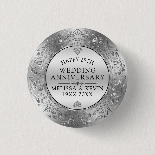 25th wedding anniversary Silver Floral Frame 1 Inch Round Button (Front)
