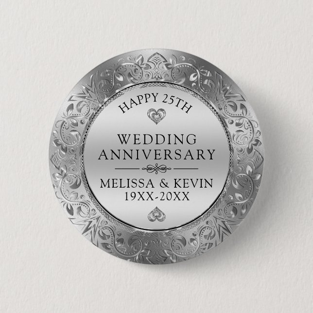 25th wedding anniversary Silver Floral Frame 2 Inch Round Button (Front)