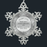 25th wedding anniversary Silver Floral Frame Snowflake Pewter Christmas Ornament<br><div class="desc">Elegant 25th wedding anniversary shiny silver floral swirls circle frame,  customizable template.</div>
