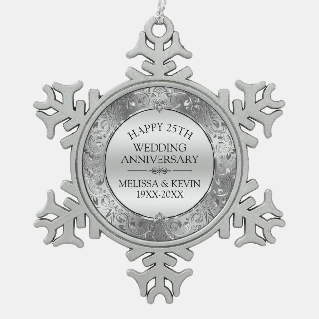 25th wedding anniversary Silver Floral Frame Snowflake Pewter Christmas Ornament (Front)