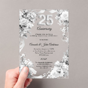 25th wedding anniversary silver florals bows acrylic invitations