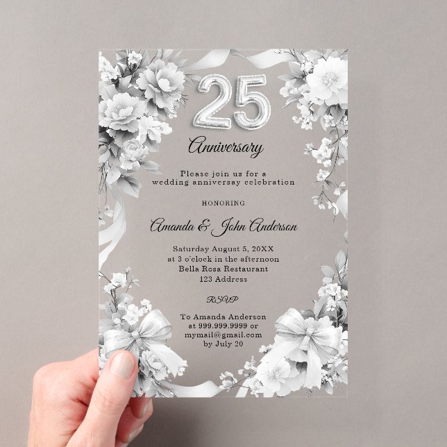 25th wedding anniversary silver florals bows acrylic invitations (Insitu (Handheld))