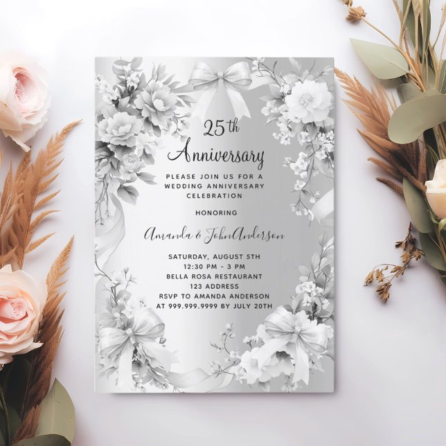25th wedding anniversary silver florals bows invitation (Creator Uploaded)