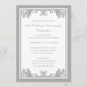 25th Wedding Anniversary Silver Flourish Scroll Invitation