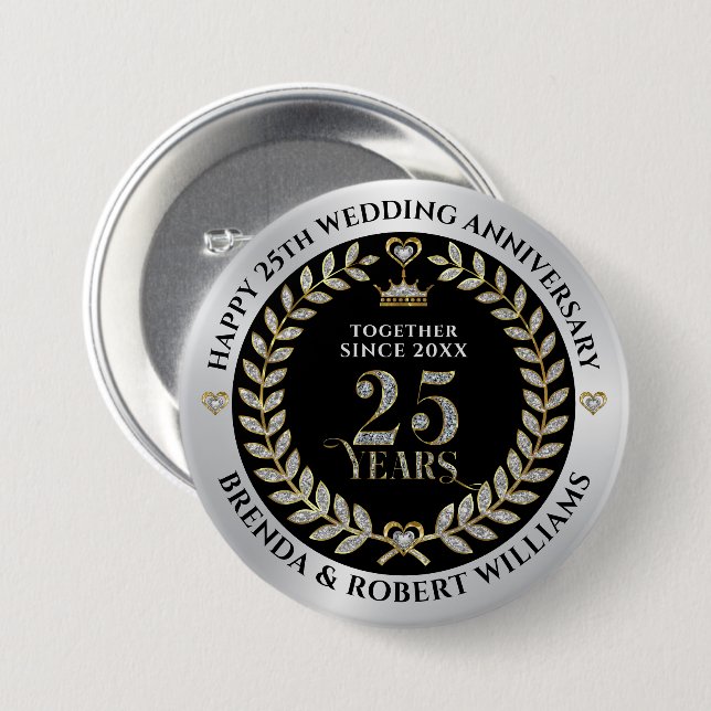 25th wedding anniversary silver glitter and gold 3 inch round button (Front & Back)