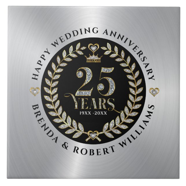 25th wedding anniversary silver glitter and gold tile (Front)