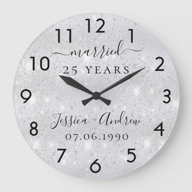 25th wedding anniversary silver glitter dust large clock (Front)