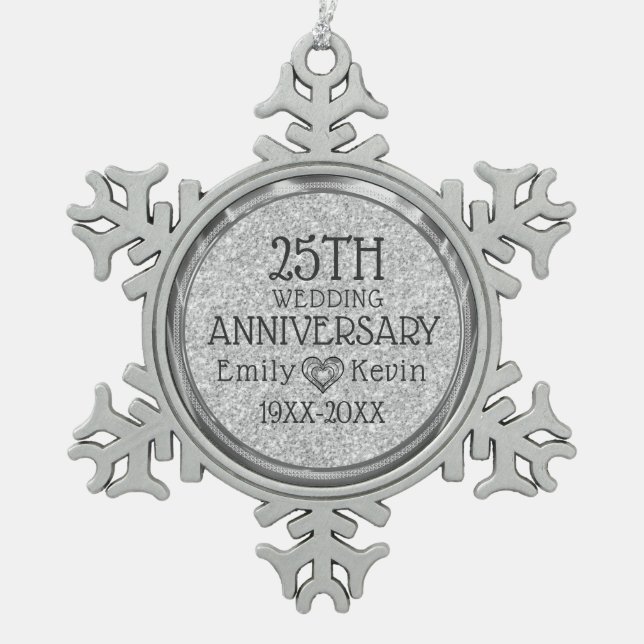 25th Wedding Anniversary Silver Grey Glitter Snowflake Pewter Christmas Ornament (Front)