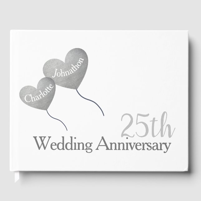 25th Wedding Anniversary silver heart balloon Guest Book (Front)