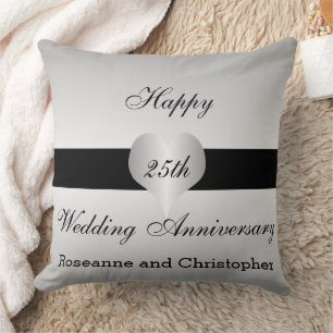 25th Wedding Anniversary Silver Heart Design Throw Pillow