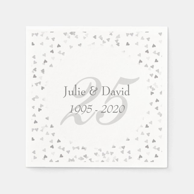 25th Wedding Anniversary Silver Hearts Confetti Napkin (Front)