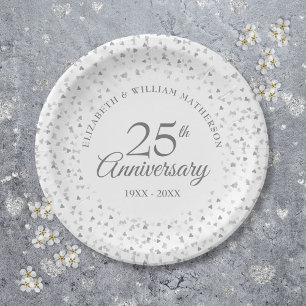 25th Wedding Anniversary Silver Hearts Confetti Paper Plate