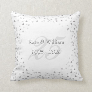 25th Wedding Anniversary Silver Hearts Confetti Throw Pillow