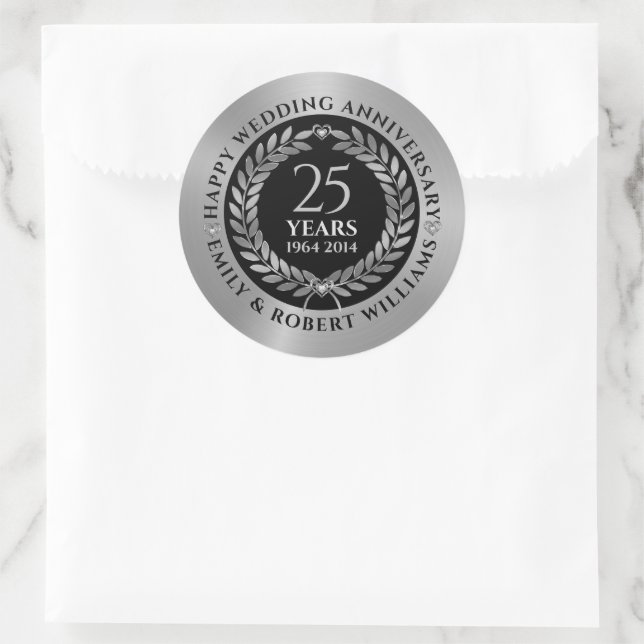 25th wedding anniversary silver laurel wreath classic round sticker (Bag)