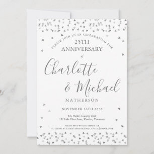 25th Wedding Anniversary Silver Love Hearts Script Invitation