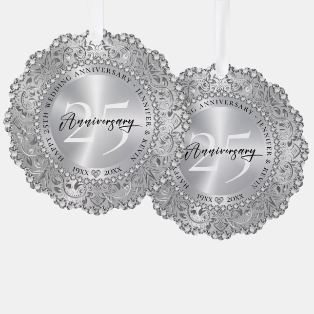25th Wedding Anniversary Silver Mandala Bling Ornament Card (Front/Back)